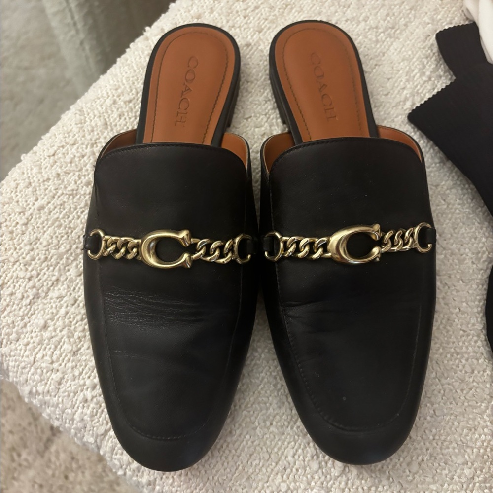 Coach Black Leather Mules with Gold Chain